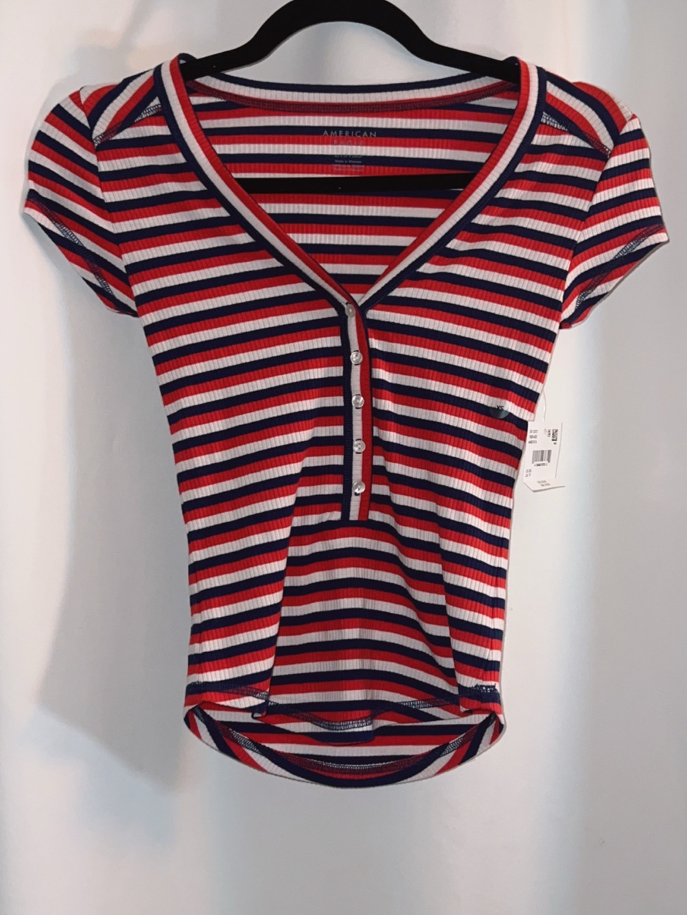 American Eagle Outfitters Red, White & Navy Striped Ribbed Henley Top